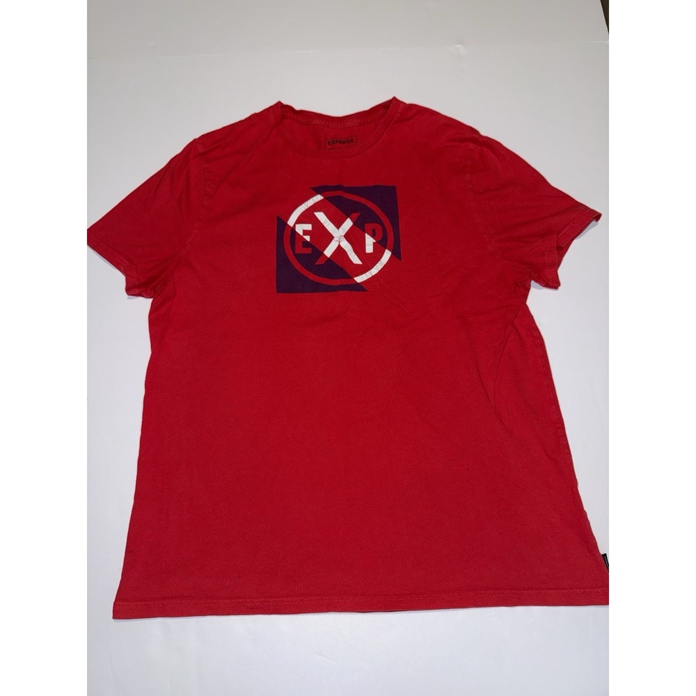 Express Men T-Shirt Large Graphic Red White Blue Cotton Casual Preppy Tee FLAWED